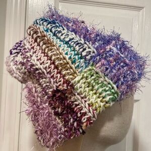 Handmade Crochet Chunky Ribbed Upcycled Multi Fiber Scrappy Yarn Beanie Hat